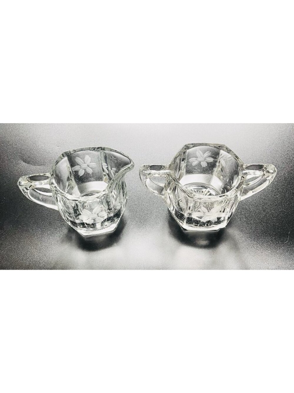 Vintage Creamer Sugar Set Heavy Clear Glass Hexagon Starburst Etched Floral